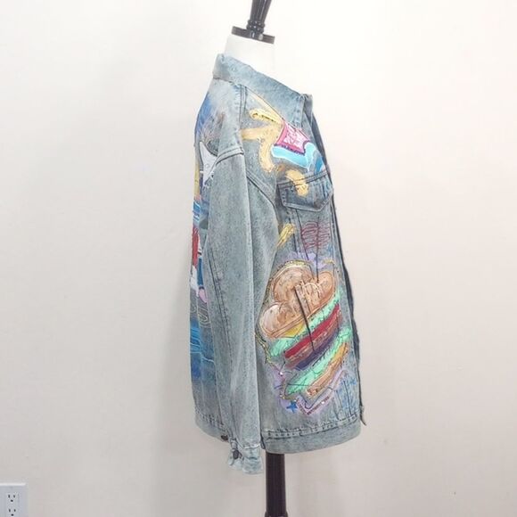 Vintage 80's Sportdeco Diner Acid Wash Hand Painted Embellished Denim Jacket - M - Picture 6 of 13